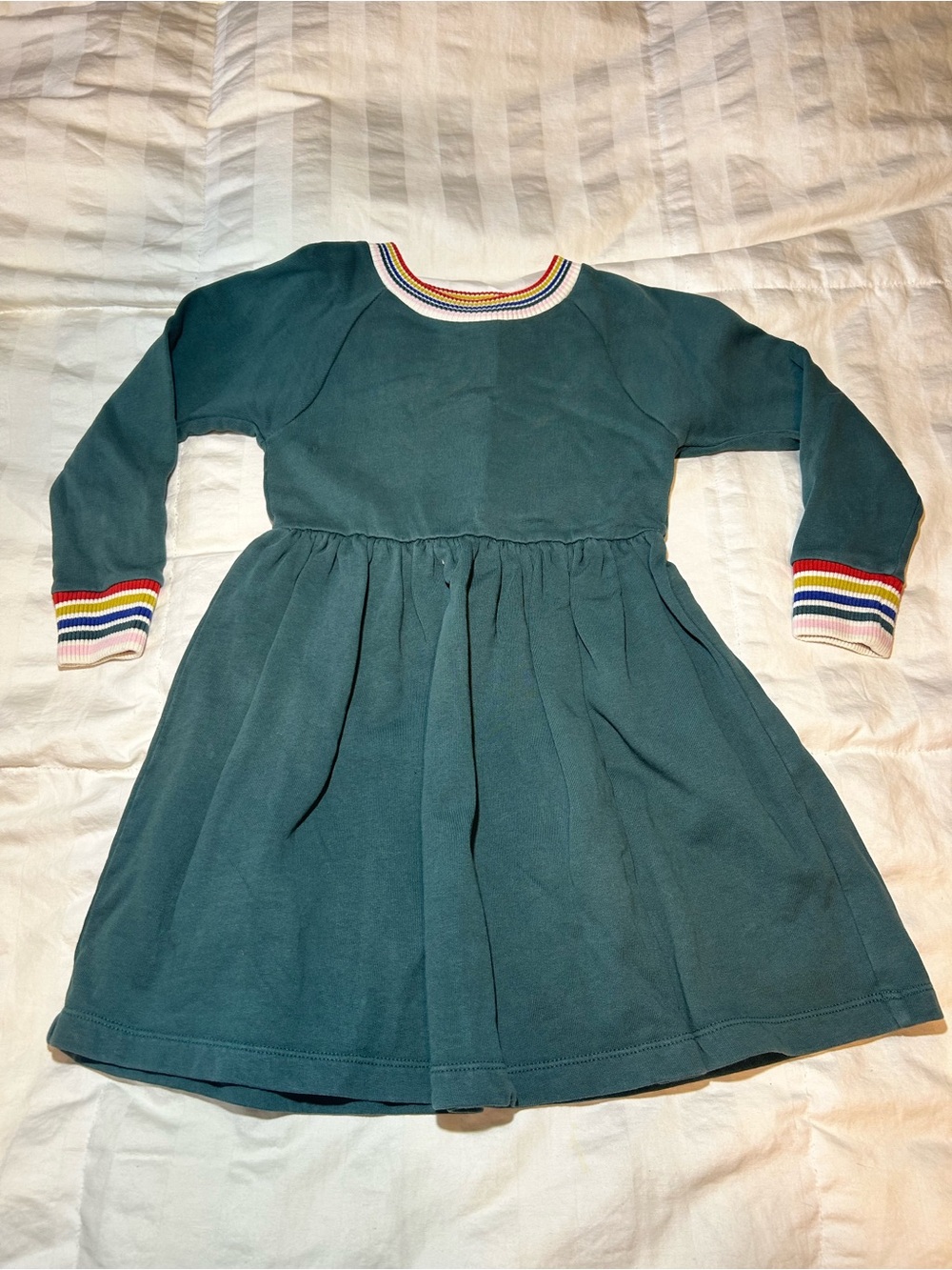 Girls' Hanna Andersson Rainbow Cuff Solid Teal French Terry Dress Sz 5